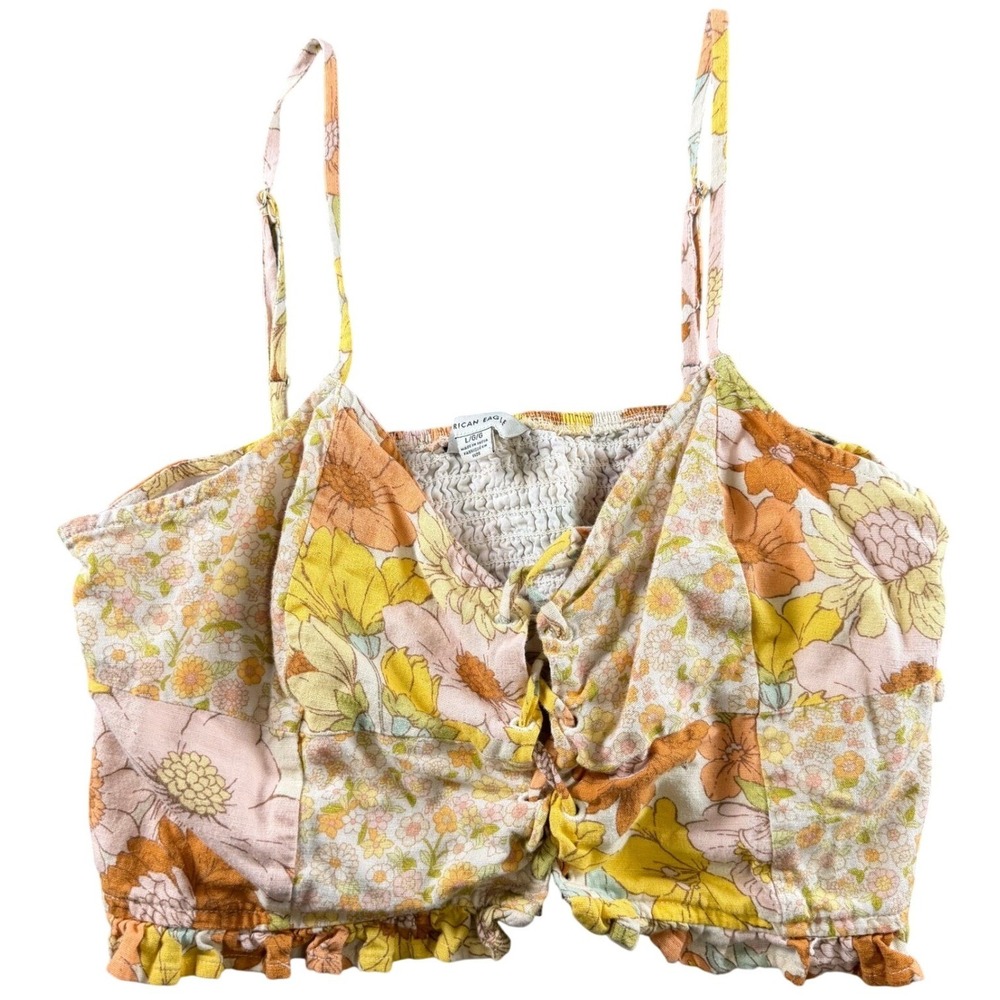 American Eagle Floral Patchwork Lace Up Crop Top Yellow Orange Boho Womens L